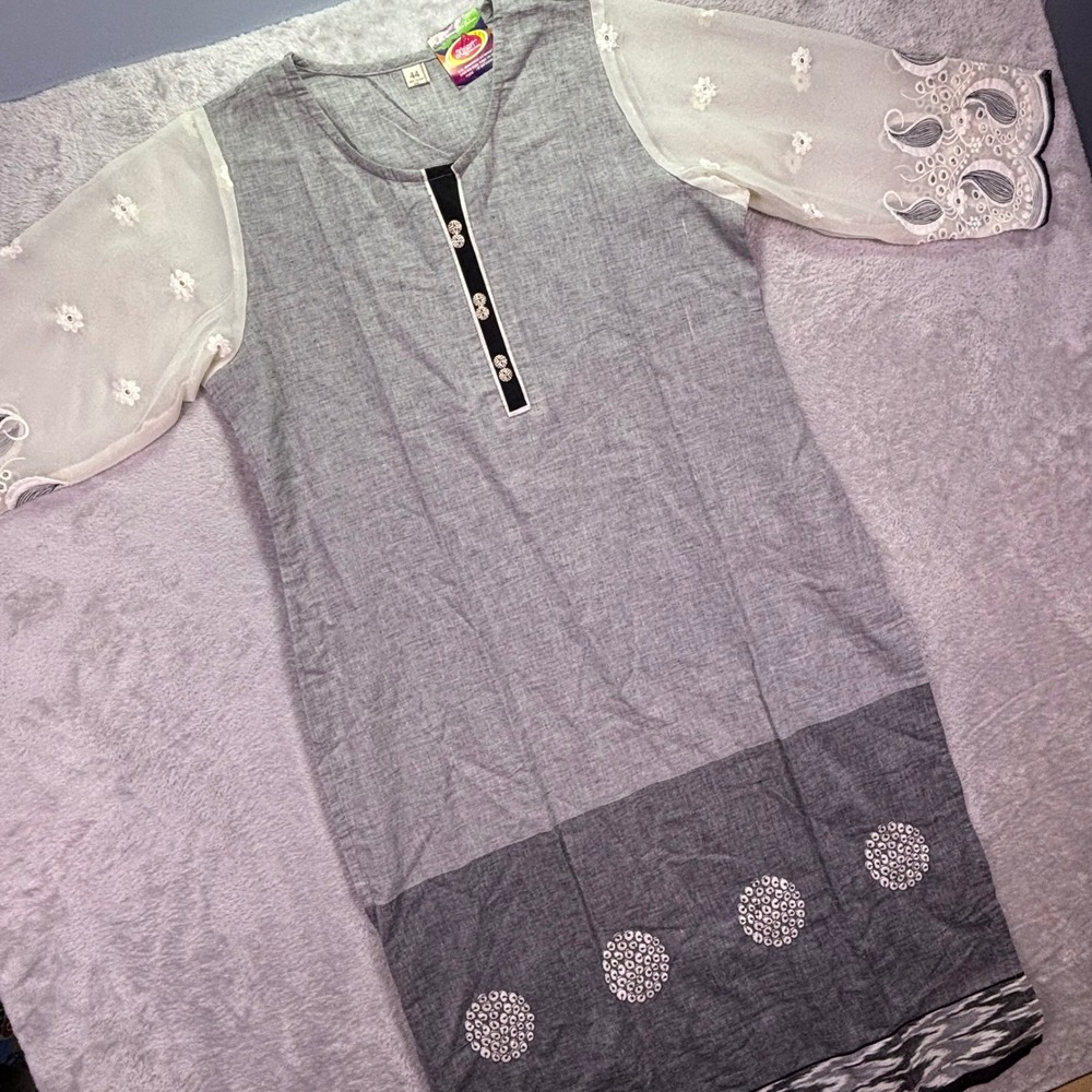 Kajari Women Kurti 44 Grey Sheer Embroidered Sleeve Indian Ethnic Tunic Dress